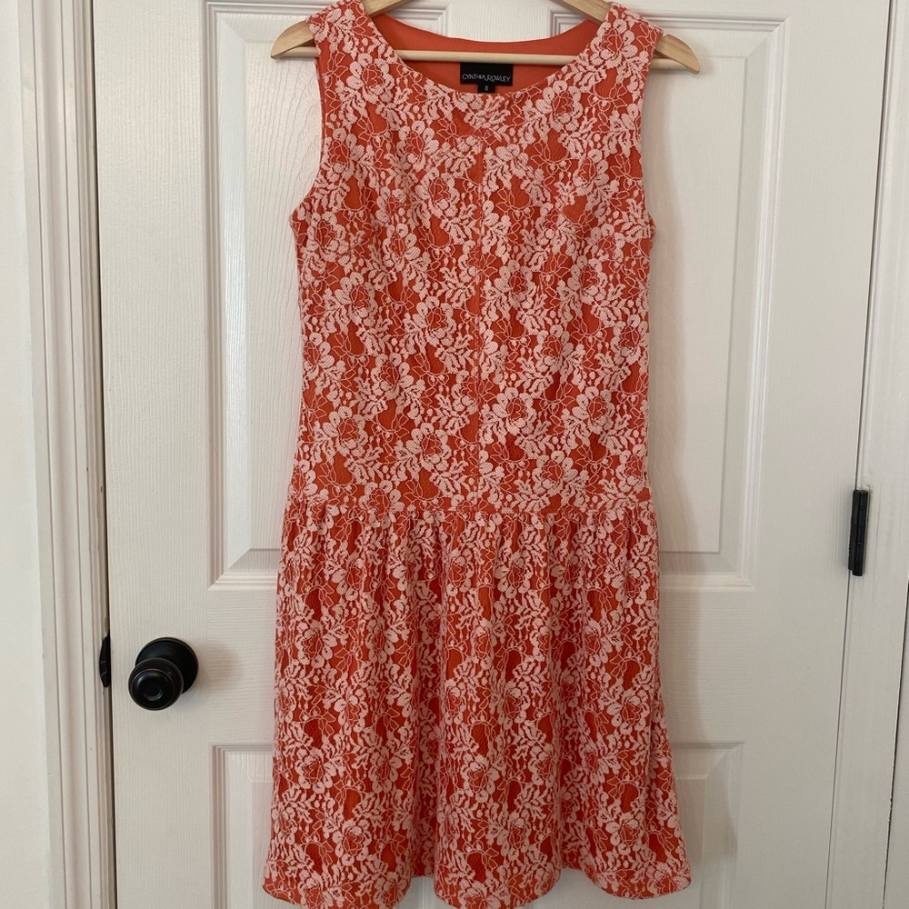 CYNTHIA ROWLEY ORANGE AND LACE SLEEVELESS DRESS - Size 8